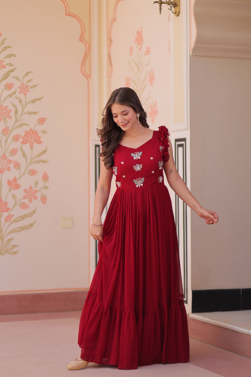 Maroon Luxe Faux Blooming Embroidered Gown with Double Frill Sleeves Clothsvilla