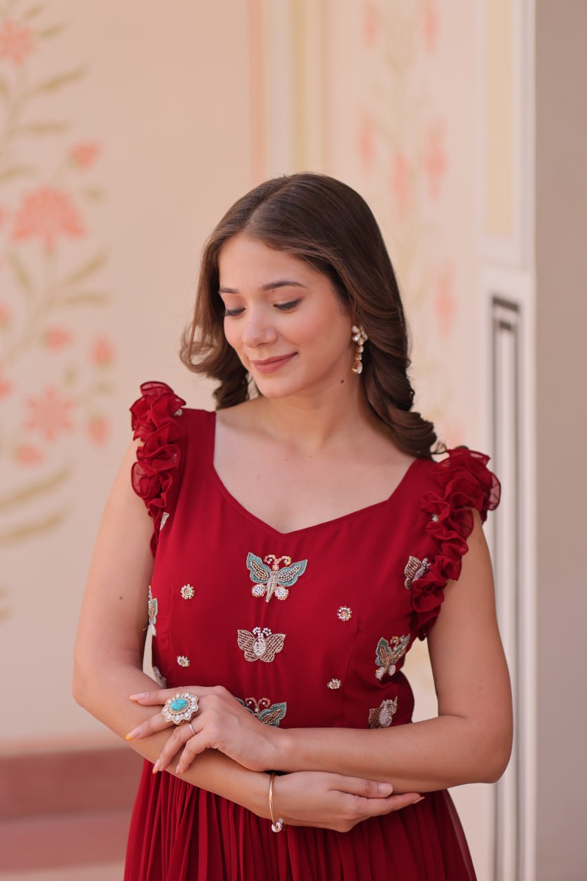Maroon Luxe Faux Blooming Embroidered Gown with Double Frill Sleeves Clothsvilla
