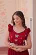 Load image into Gallery viewer, Maroon Luxe Faux Blooming Embroidered Gown with Double Frill Sleeves Clothsvilla