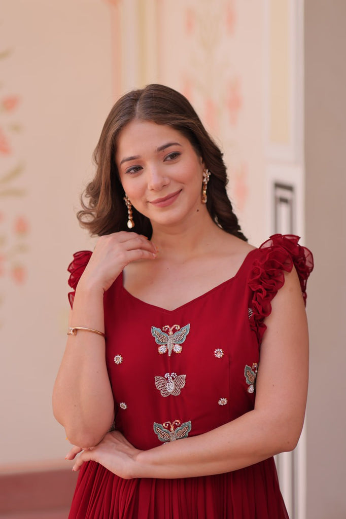 Maroon Luxe Faux Blooming Embroidered Gown with Double Frill Sleeves Clothsvilla