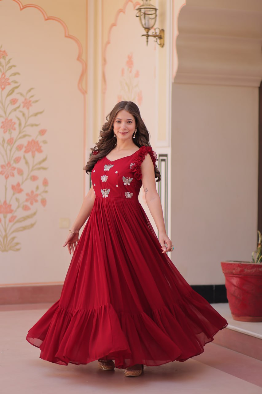 Maroon Luxe Faux Blooming Embroidered Gown with Double Frill Sleeves Clothsvilla