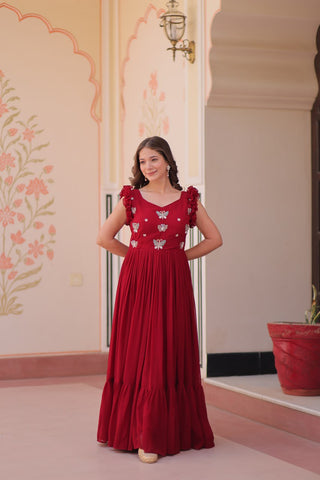 Maroon Luxe Faux Blooming Embroidered Gown with Double Frill Sleeves Clothsvilla