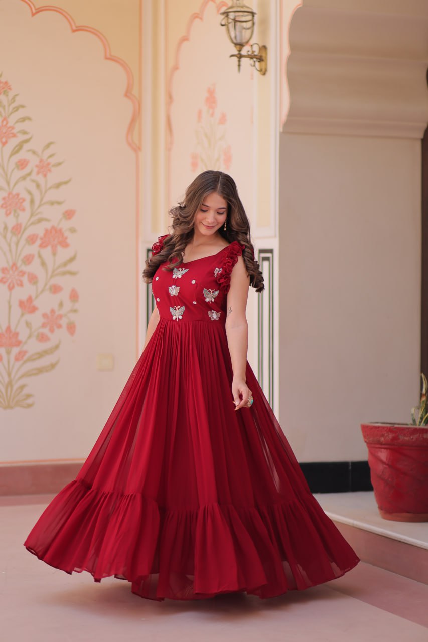 Maroon Luxe Faux Blooming Embroidered Gown with Double Frill Sleeves Clothsvilla