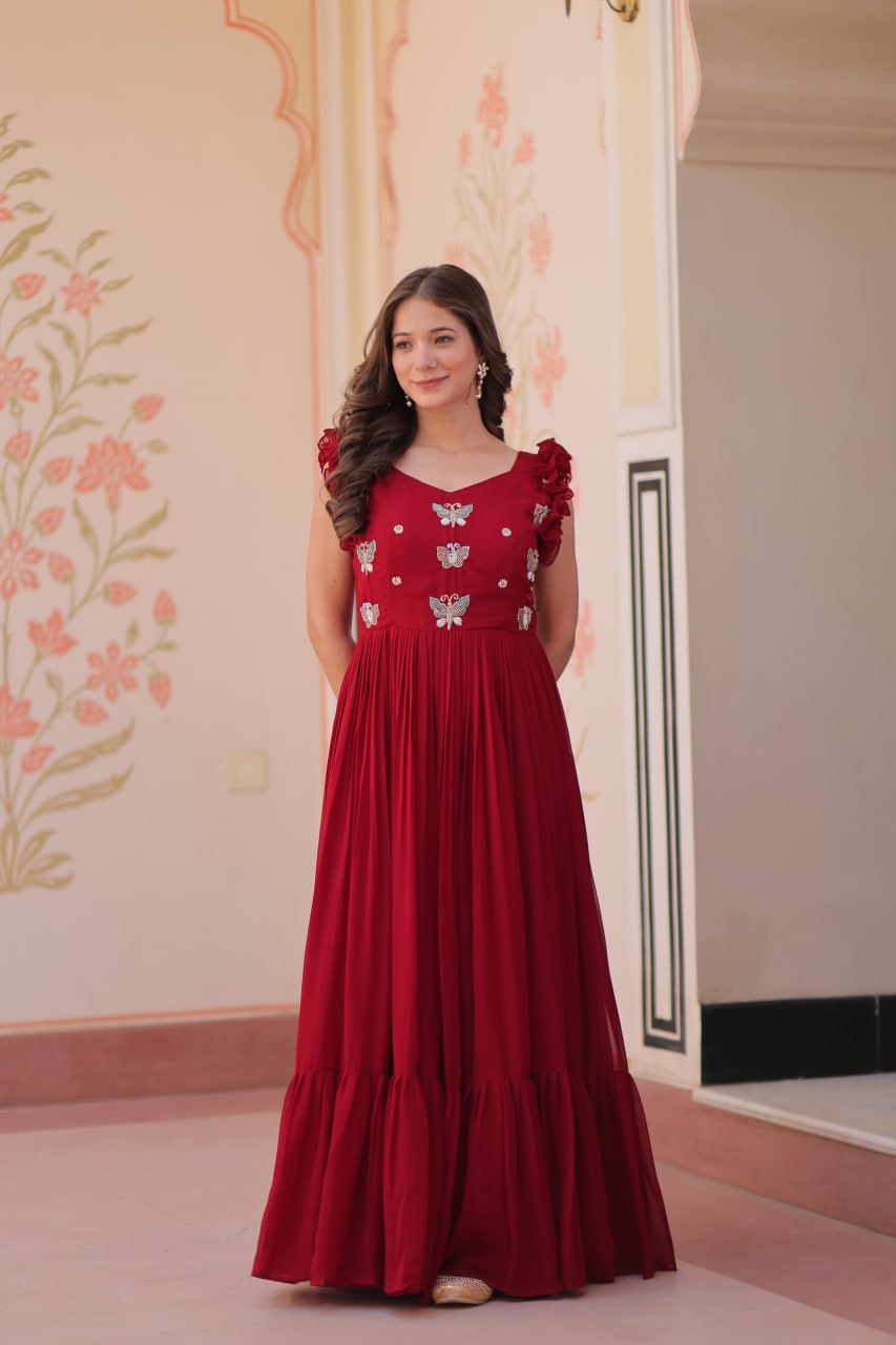 Maroon Luxe Faux Blooming Embroidered Gown with Double Frill Sleeves Clothsvilla