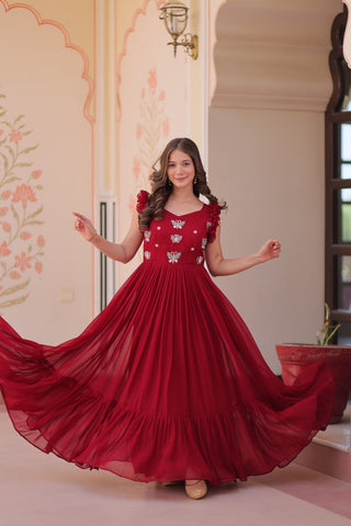 Maroon Luxe Faux Blooming Embroidered Gown with Double Frill Sleeves Clothsvilla