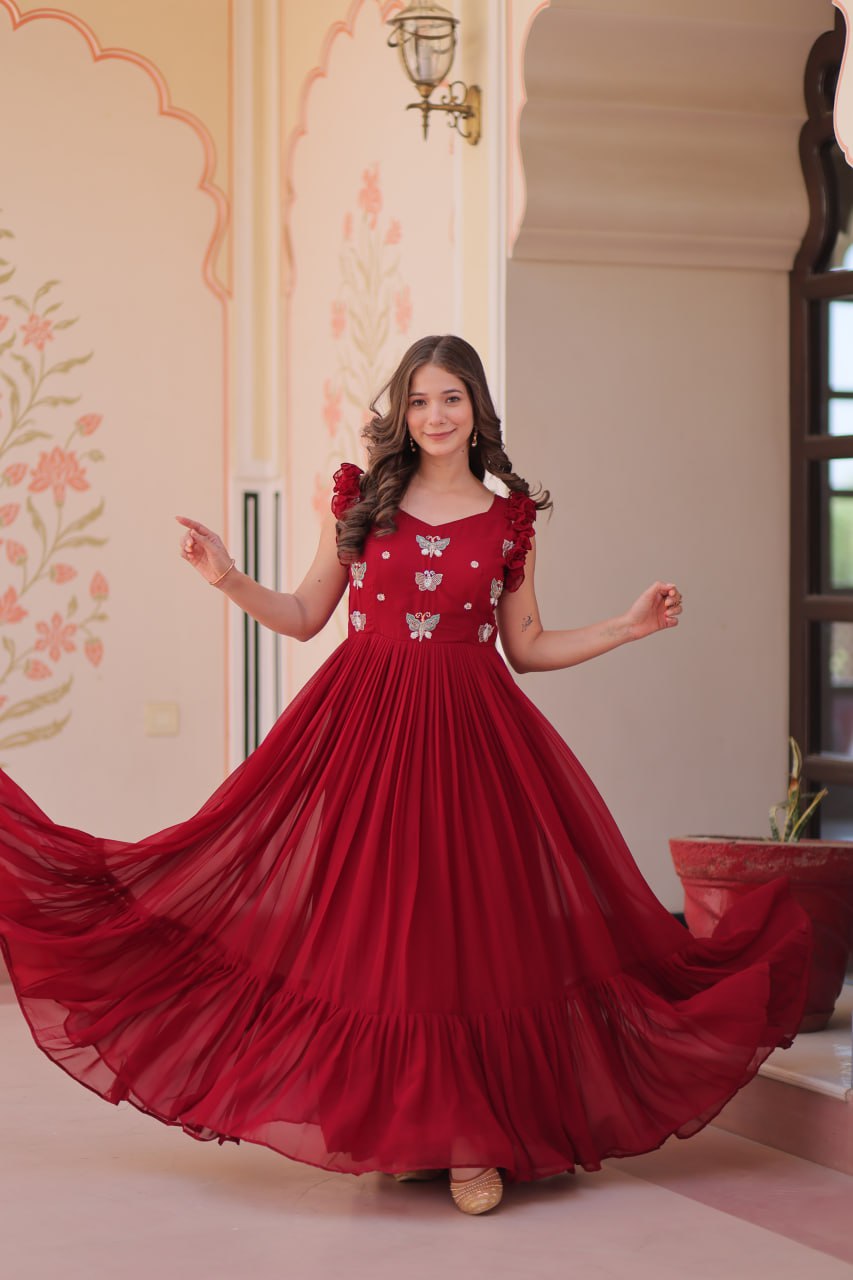 Maroon Luxe Faux Blooming Embroidered Gown with Double Frill Sleeves Clothsvilla