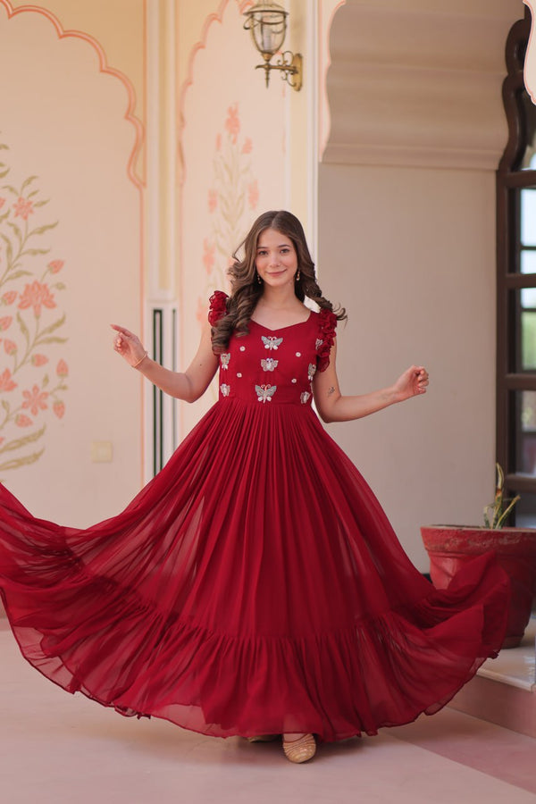 Maroon Luxe Faux Blooming Embroidered Gown with Double Frill Sleeves Clothsvilla