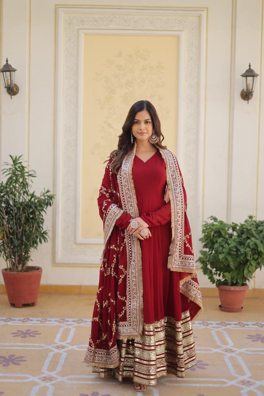 Maroon Luxurious Faux Blooming Embroidered Gown with Sequins & Designer Lace Dupatta ClothsVilla