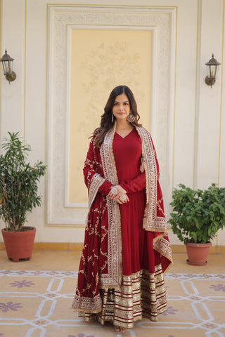Maroon Luxurious Faux Blooming Embroidered Gown with Sequins & Designer Lace Dupatta ClothsVilla