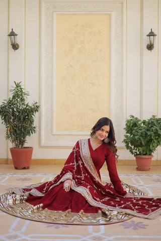Maroon Luxurious Faux Blooming Embroidered Gown with Sequins & Designer Lace Dupatta ClothsVilla