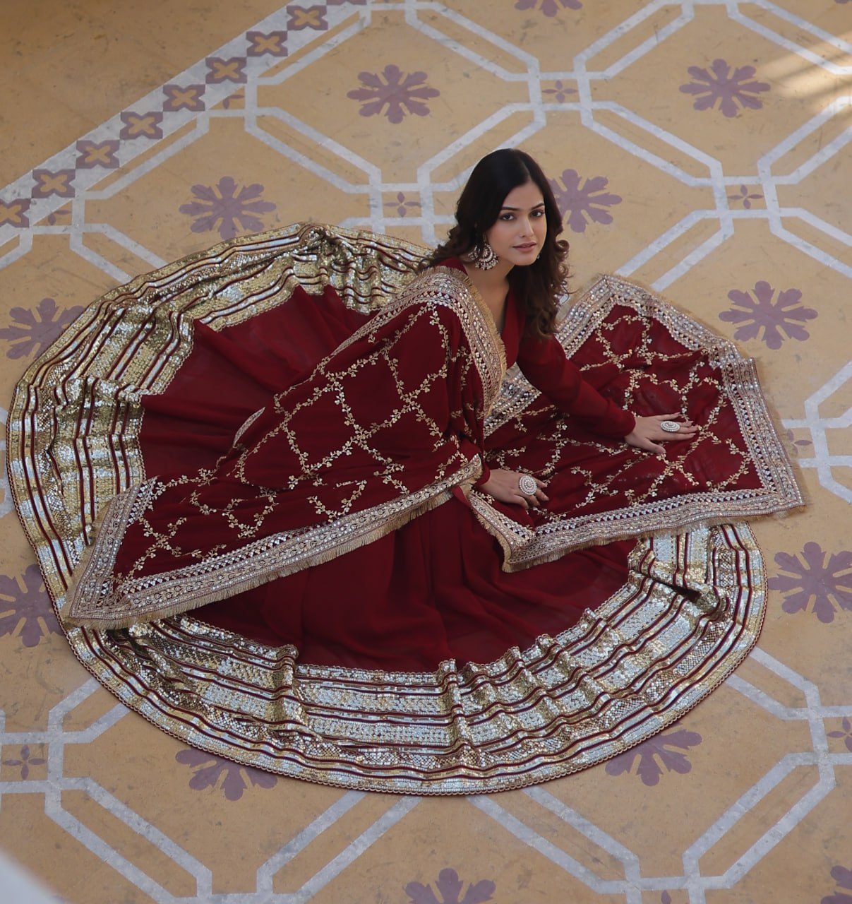 Maroon Luxurious Faux Blooming Embroidered Gown with Sequins & Designer Lace Dupatta ClothsVilla
