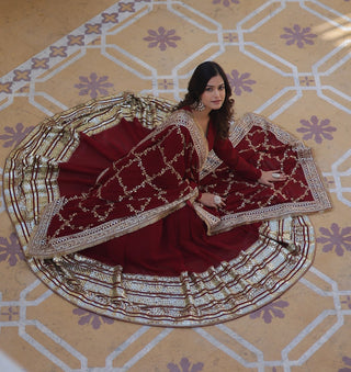 Maroon Luxurious Faux Blooming Embroidered Gown with Sequins & Designer Lace Dupatta ClothsVilla