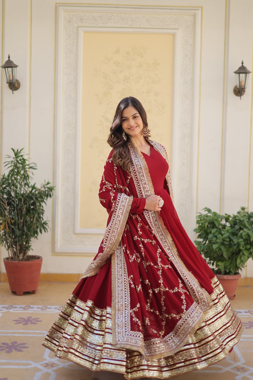 Maroon Luxurious Faux Blooming Embroidered Gown with Sequins & Designer Lace Dupatta ClothsVilla