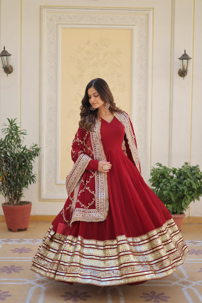 Maroon Luxurious Faux Blooming Embroidered Gown with Sequins & Designer Lace Dupatta ClothsVilla