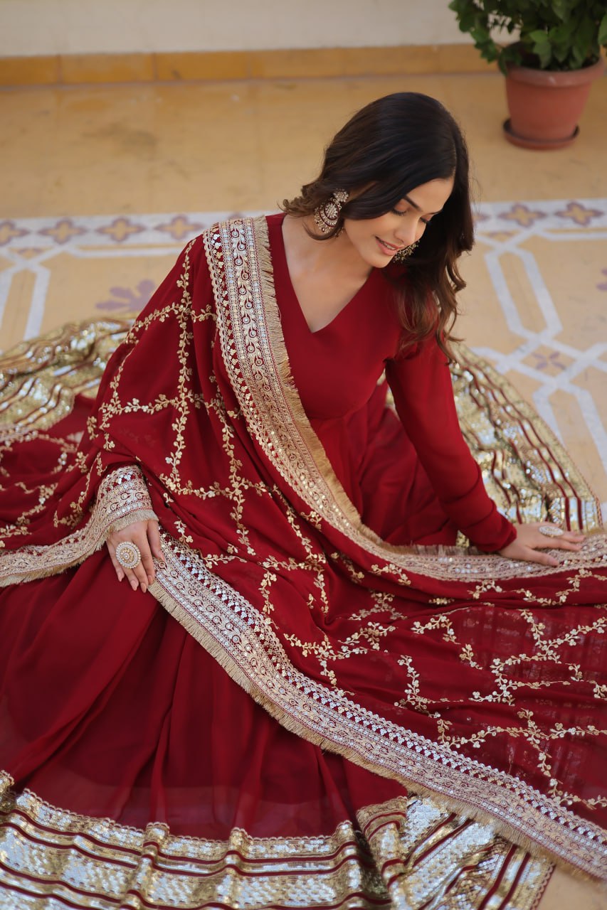 Maroon Luxurious Faux Blooming Embroidered Gown with Sequins & Designer Lace Dupatta ClothsVilla