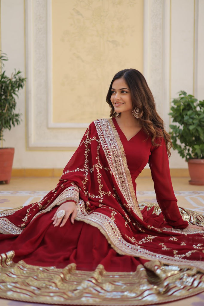 Maroon Luxurious Faux Blooming Embroidered Gown with Sequins & Designer Lace Dupatta ClothsVilla