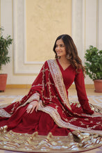 Load image into Gallery viewer, Maroon Luxurious Faux Blooming Embroidered Gown with Sequins &amp; Designer Lace Dupatta ClothsVilla