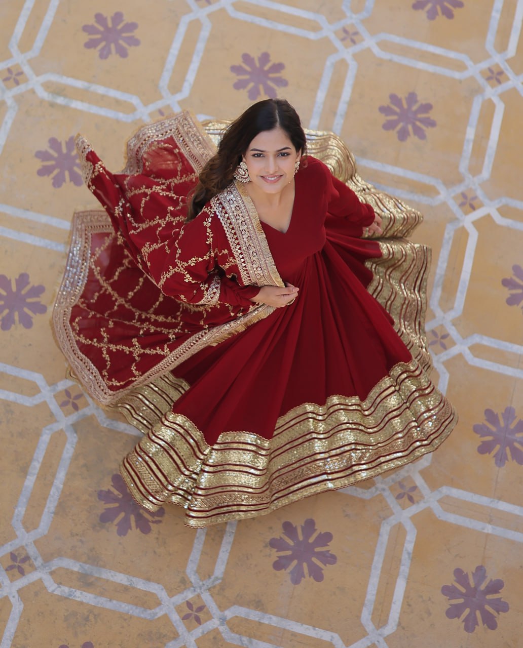 Maroon Luxurious Faux Blooming Embroidered Gown with Sequins & Designer Lace Dupatta ClothsVilla
