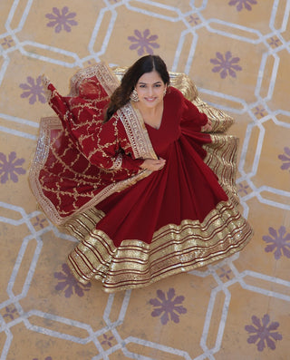 Maroon Luxurious Faux Blooming Embroidered Gown with Sequins & Designer Lace Dupatta ClothsVilla