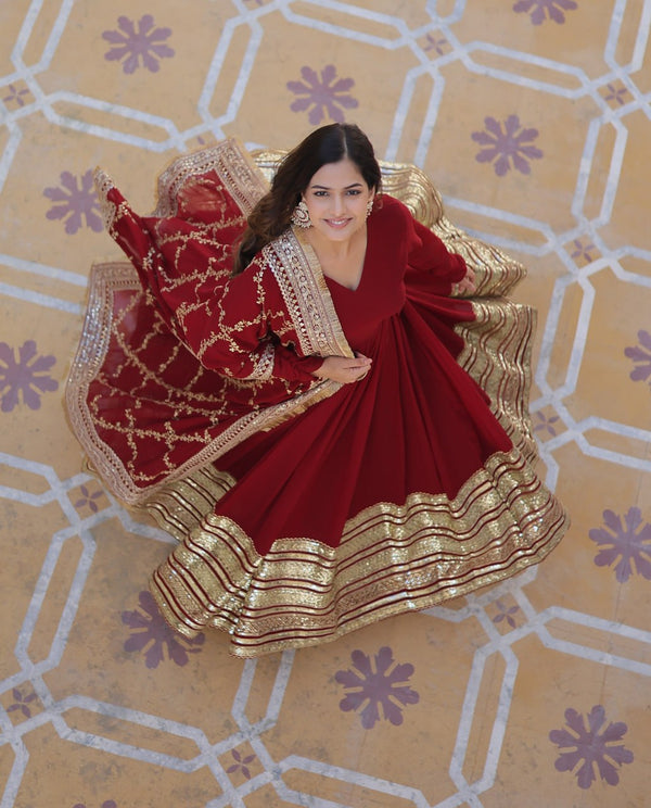 Maroon Luxurious Faux Blooming Embroidered Gown with Sequins & Designer Lace Dupatta ClothsVilla