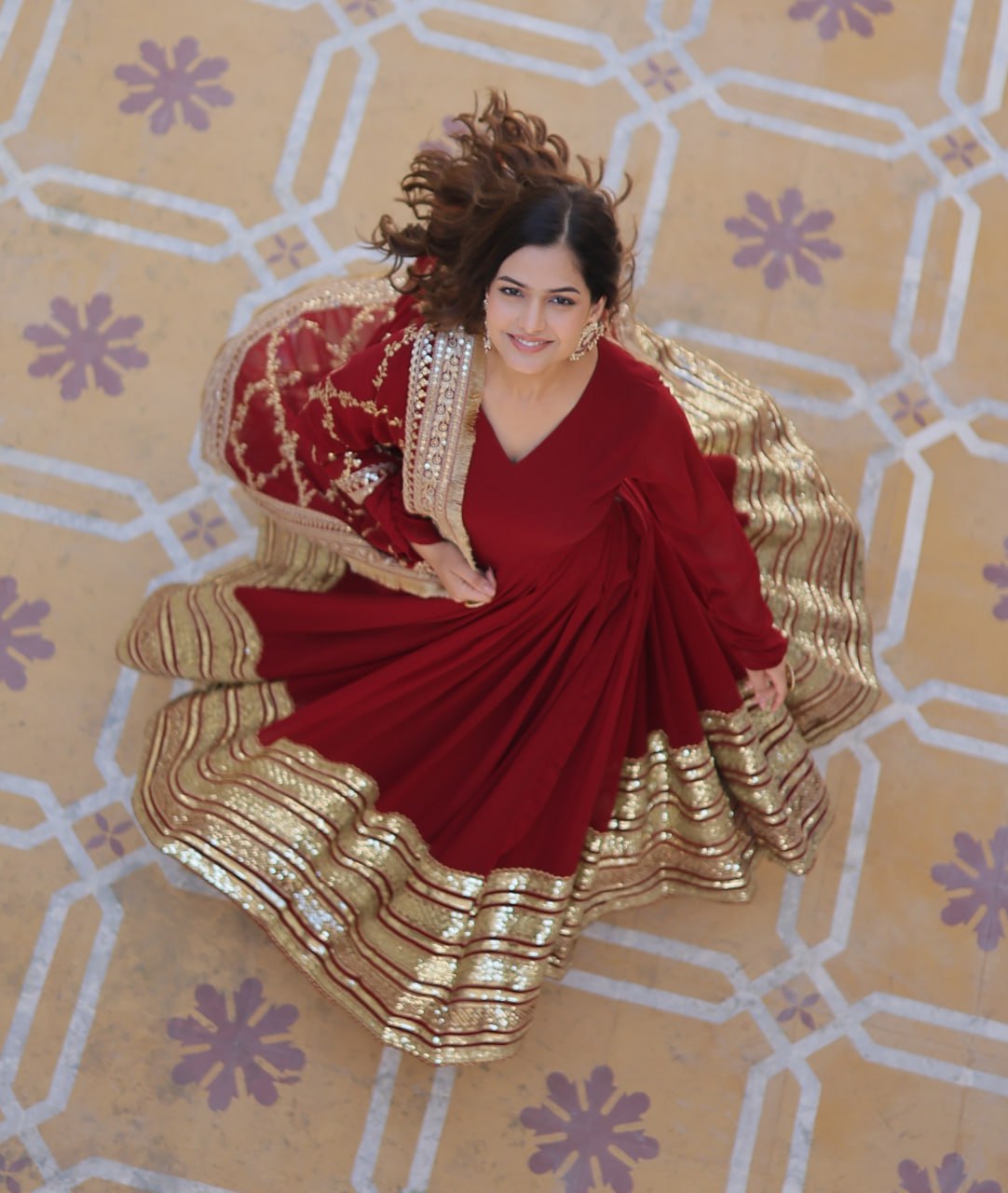 Maroon Luxurious Faux Blooming Embroidered Gown with Sequins & Designer Lace Dupatta ClothsVilla