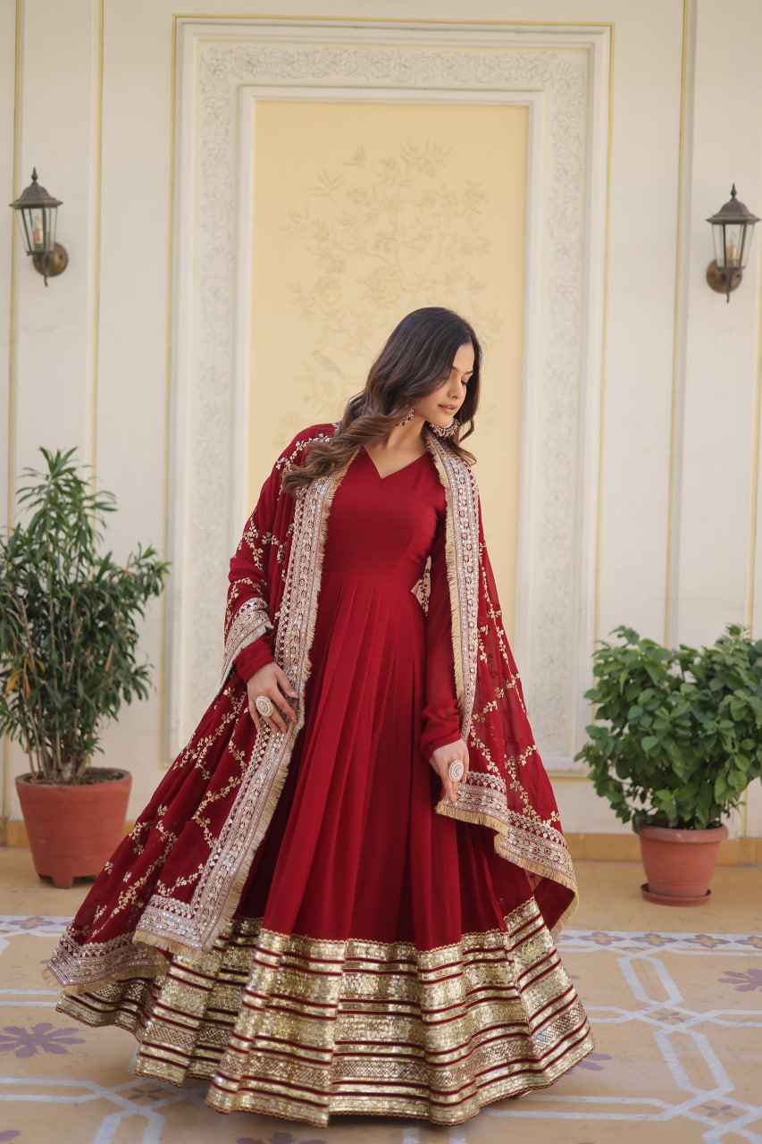 Maroon Luxurious Faux Blooming Embroidered Gown with Sequins & Designer Lace Dupatta Secondary image