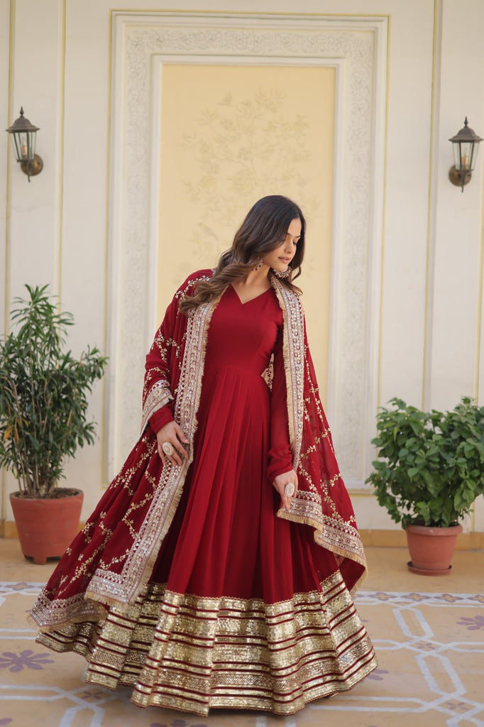 Maroon Luxurious Faux Blooming Embroidered Gown with Sequins & Designer Lace Dupatta ClothsVilla