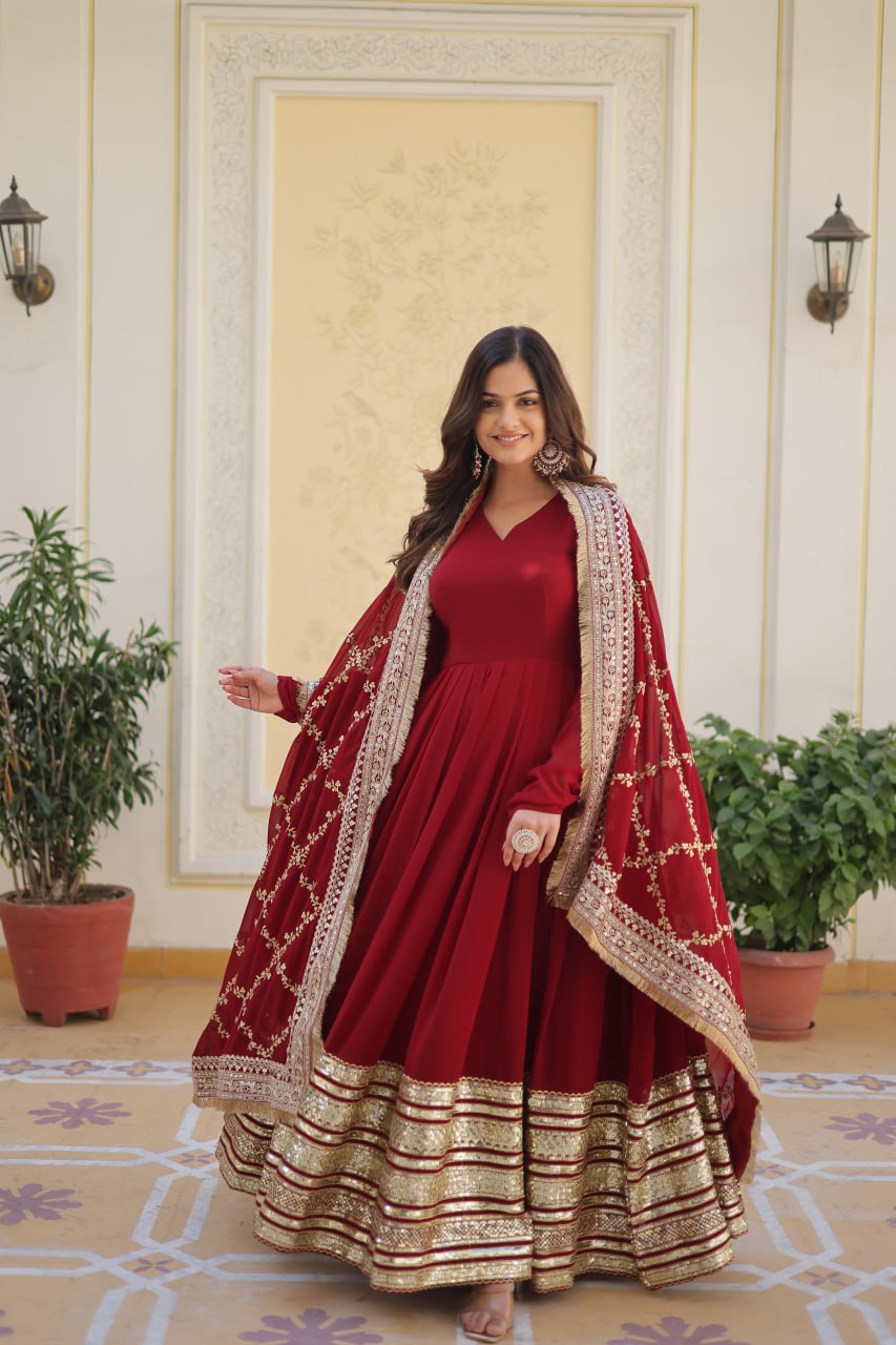 Maroon Luxurious Faux Blooming Embroidered Gown with Sequins & Designer Lace Dupatta ClothsVilla