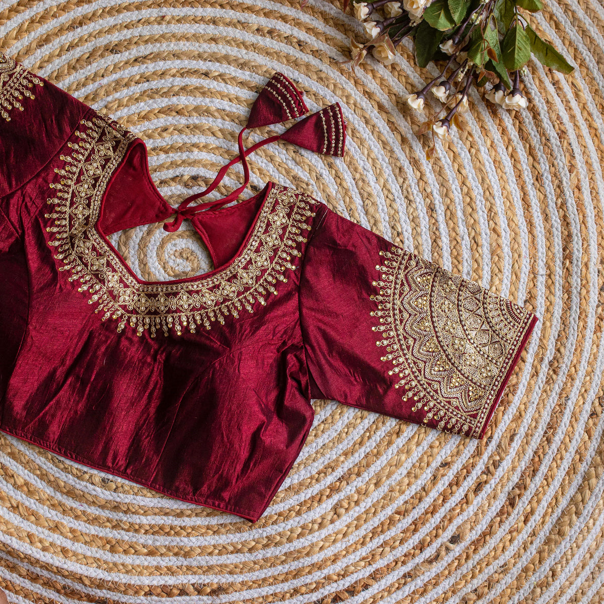 Maroon Luxurious Lucknowi Silk Blouse with Golden Embroidery and Sequins ClothsVilla Main image