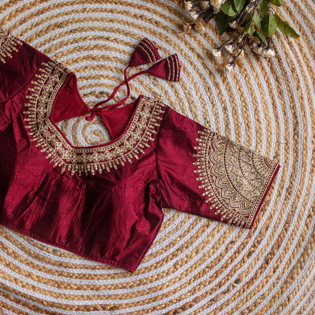 Maroon Luxurious Lucknowi Silk Blouse with Golden Embroidery and Sequins ClothsVilla