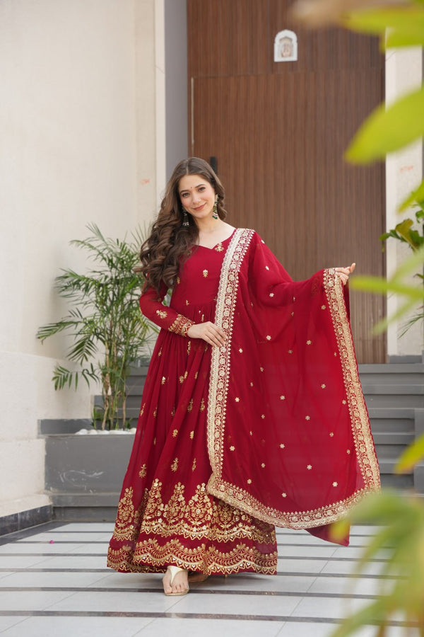 Maroon Luxury Faux Blooming Zari & Sequins Embroidered Designer Gown with Matching Dupatta – Stitched Premium Ensemble ClothsVilla