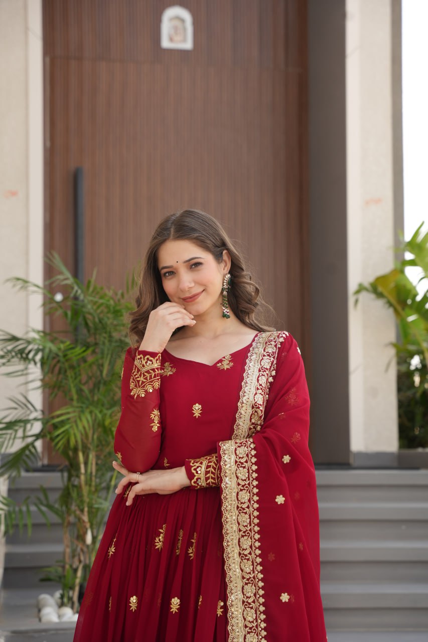 Maroon Luxury Faux Blooming Zari & Sequins Embroidered Designer Gown with Matching Dupatta – Stitched Premium Ensemble ClothsVilla