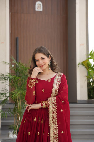 Maroon Luxury Faux Blooming Zari & Sequins Embroidered Designer Gown with Matching Dupatta – Stitched Premium Ensemble ClothsVilla