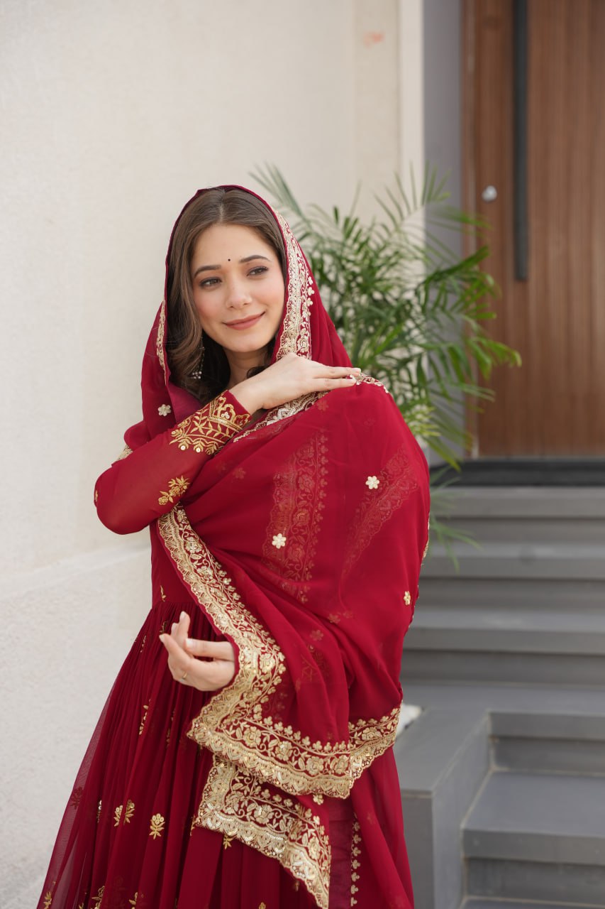 Maroon Luxury Faux Blooming Zari & Sequins Embroidered Designer Gown with Matching Dupatta – Stitched Premium Ensemble ClothsVilla