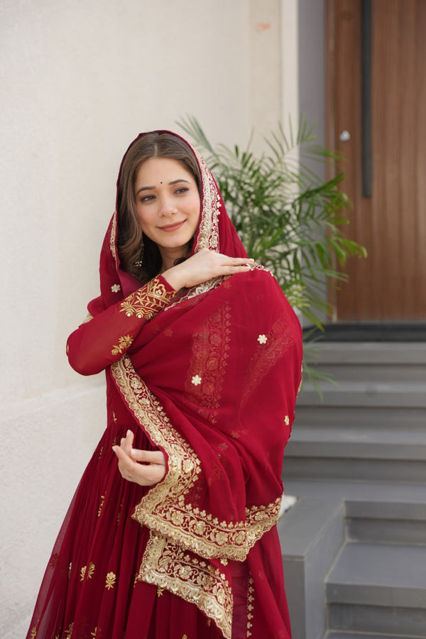 Maroon Luxury Faux Blooming Zari & Sequins Embroidered Designer Gown with Matching Dupatta – Stitched Premium Ensemble ClothsVilla