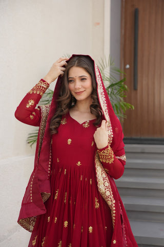 Maroon Luxury Faux Blooming Zari & Sequins Embroidered Designer Gown with Matching Dupatta – Stitched Premium Ensemble ClothsVilla