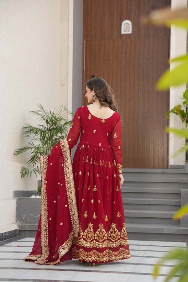 Maroon Luxury Faux Blooming Zari & Sequins Embroidered Designer Gown with Matching Dupatta – Stitched Premium Ensemble ClothsVilla
