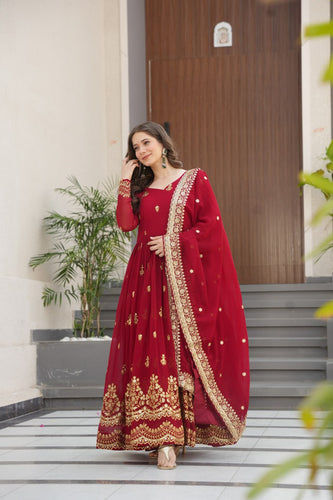 Maroon Luxury Faux Blooming Zari & Sequins Embroidered Designer Gown with Matching Dupatta – Stitched Premium Ensemble ClothsVilla