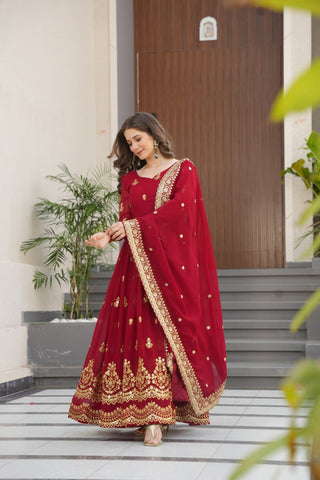 Maroon Luxury Faux Blooming Zari & Sequins Embroidered Designer Gown with Matching Dupatta – Stitched Premium Ensemble ClothsVilla