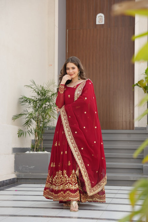 Maroon Luxury Faux Blooming Zari & Sequins Embroidered Designer Gown with Matching Dupatta – Stitched Premium Ensemble ClothsVilla