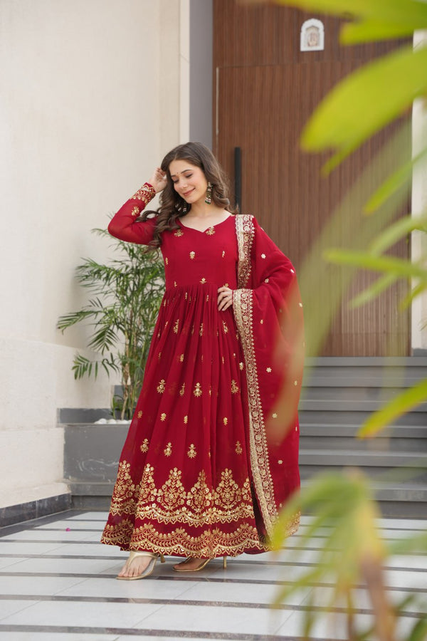 Maroon Luxury Faux Blooming Zari & Sequins Embroidered Designer Gown with Matching Dupatta – Stitched Premium Ensemble ClothsVilla