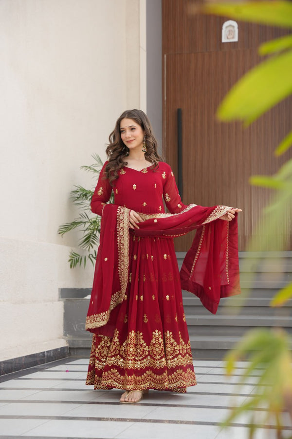 Maroon Luxury Faux Blooming Zari & Sequins Embroidered Designer Gown with Matching Dupatta – Stitched Premium Ensemble ClothsVilla