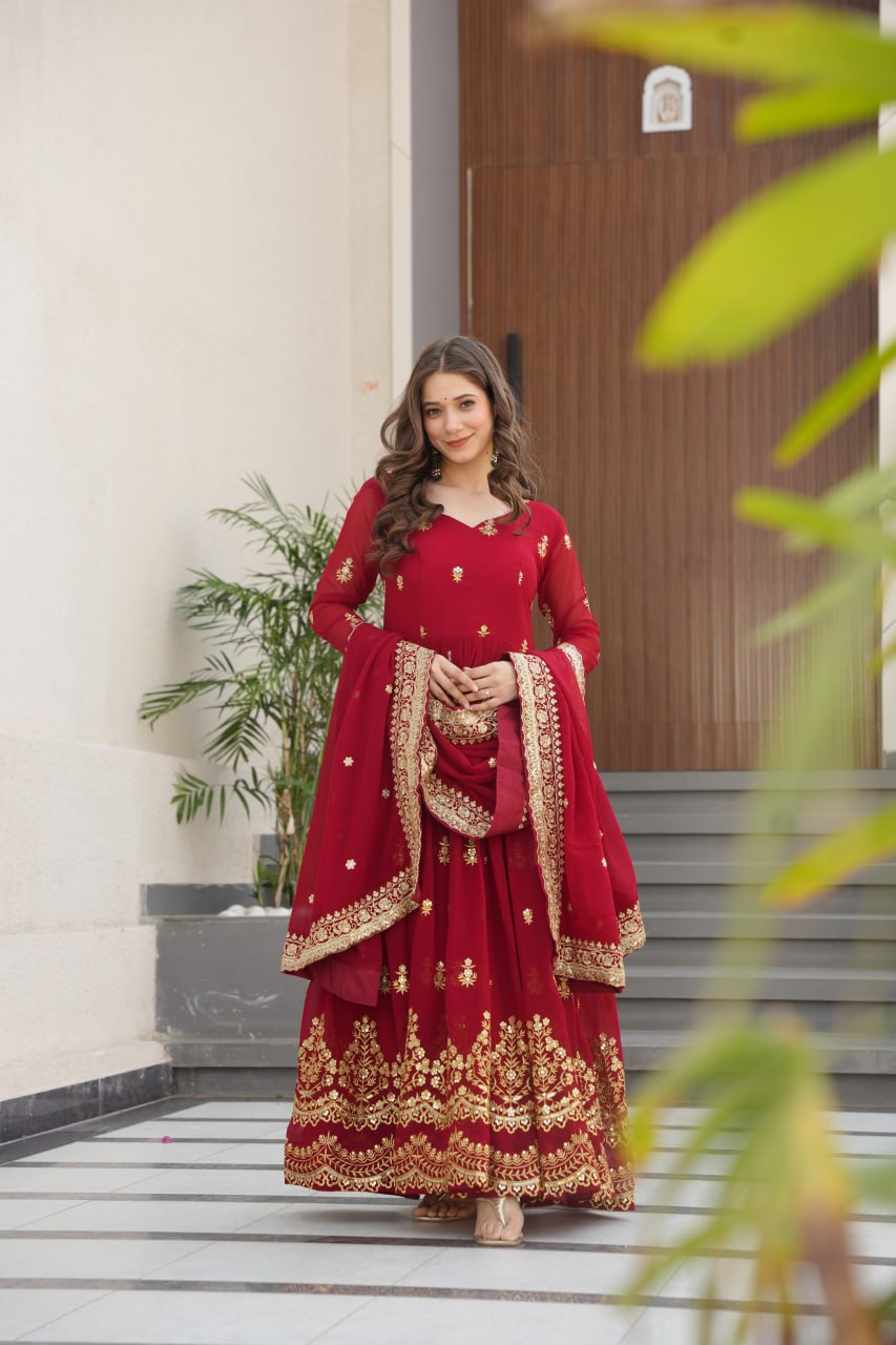 Maroon Luxury Faux Blooming Zari & Sequins Embroidered Designer Gown with Matching Dupatta – Stitched Premium Ensemble ClothsVilla