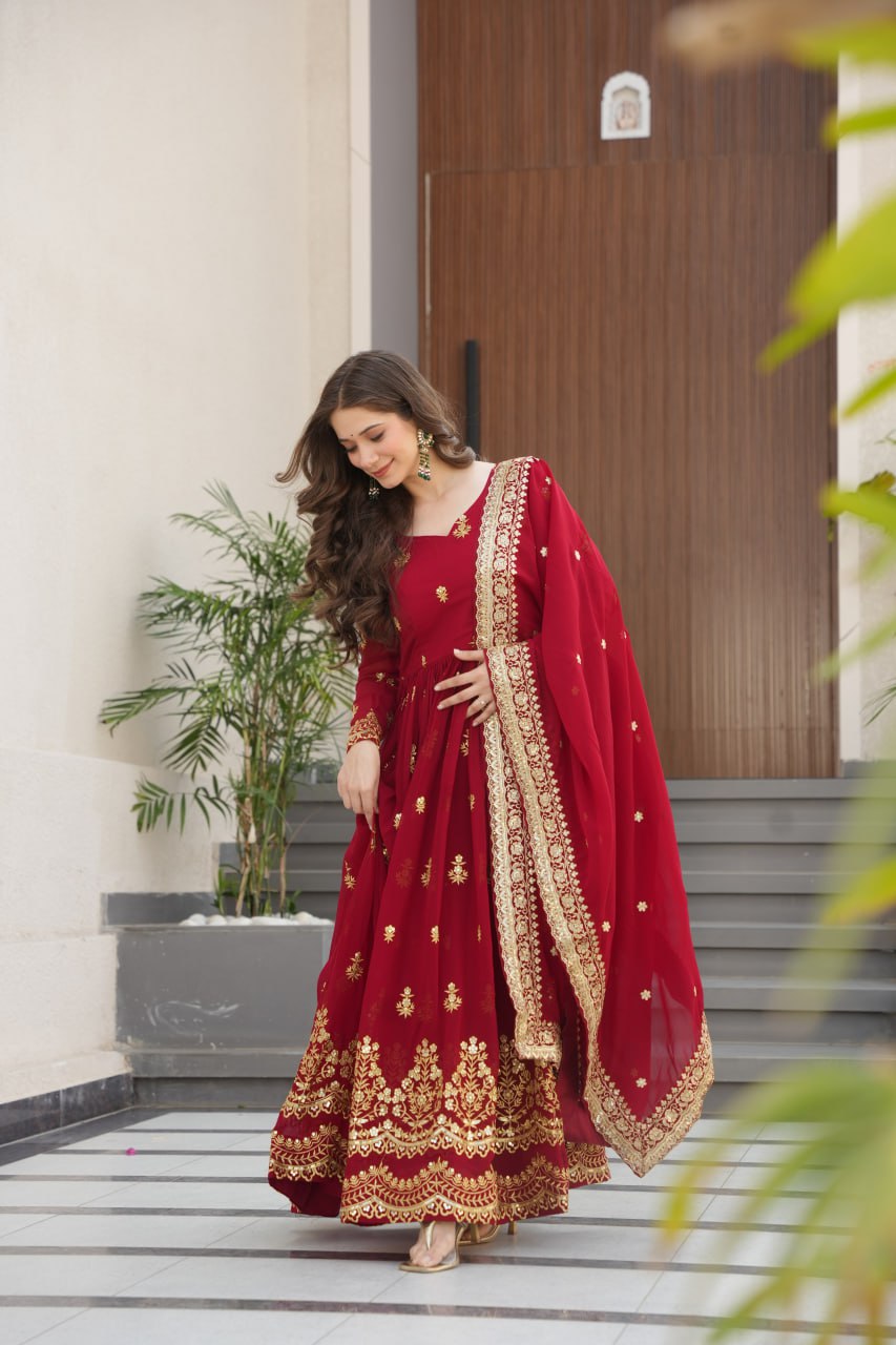 Maroon Luxury Faux Blooming Zari & Sequins Embroidered Designer Gown with Matching Dupatta – Stitched Premium Ensemble ClothsVilla