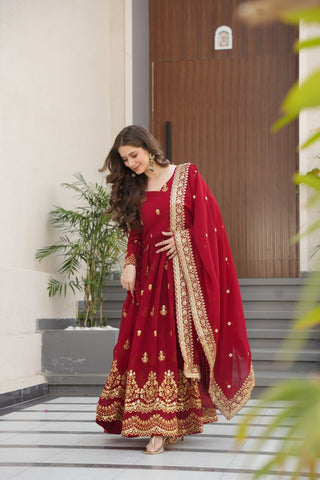 Maroon Luxury Faux Blooming Zari & Sequins Embroidered Designer Gown with Matching Dupatta – Stitched Premium Ensemble ClothsVilla