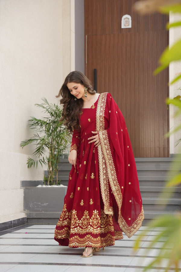 Maroon Luxury Faux Blooming Zari & Sequins Embroidered Designer Gown with Matching Dupatta – Stitched Premium Ensemble ClothsVilla