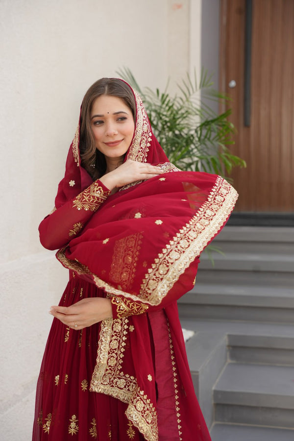 Maroon Luxury Faux Blooming Zari & Sequins Embroidered Designer Gown with Matching Dupatta – Stitched Premium Ensemble ClothsVilla