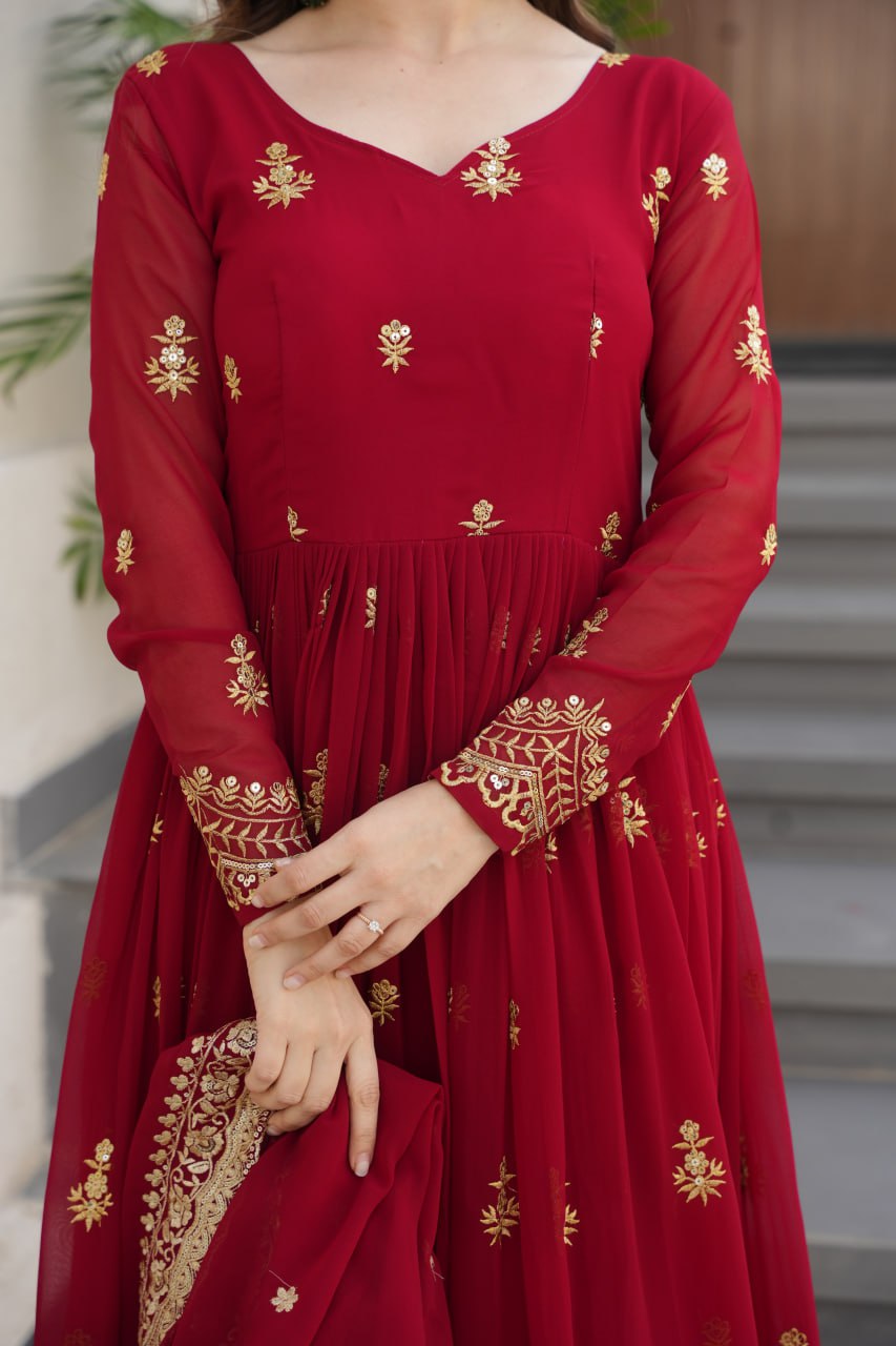 Maroon Luxury Faux Blooming Zari & Sequins Embroidered Designer Gown with Matching Dupatta – Stitched Premium Ensemble ClothsVilla