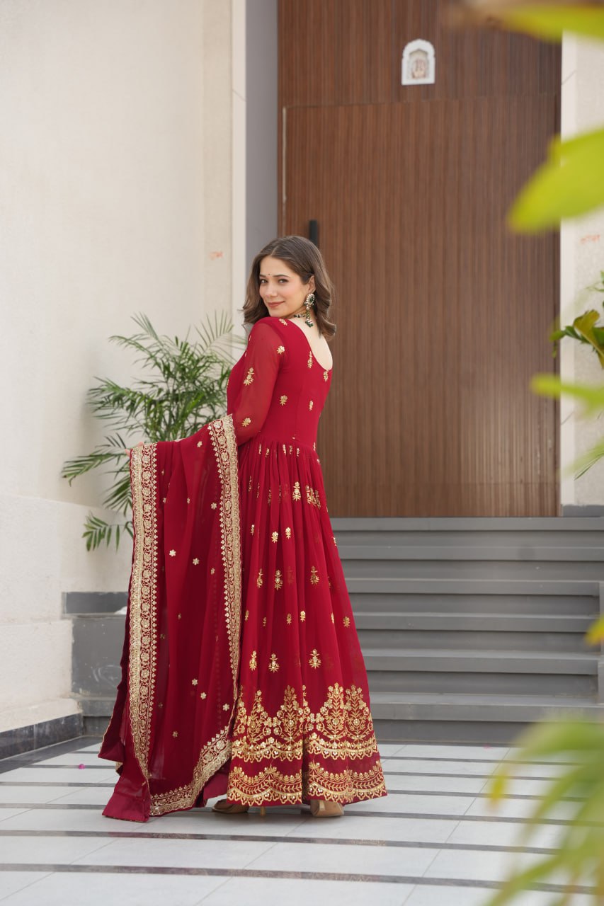 Maroon Luxury Faux Blooming Zari & Sequins Embroidered Designer Gown with Matching Dupatta – Stitched Premium Ensemble ClothsVilla