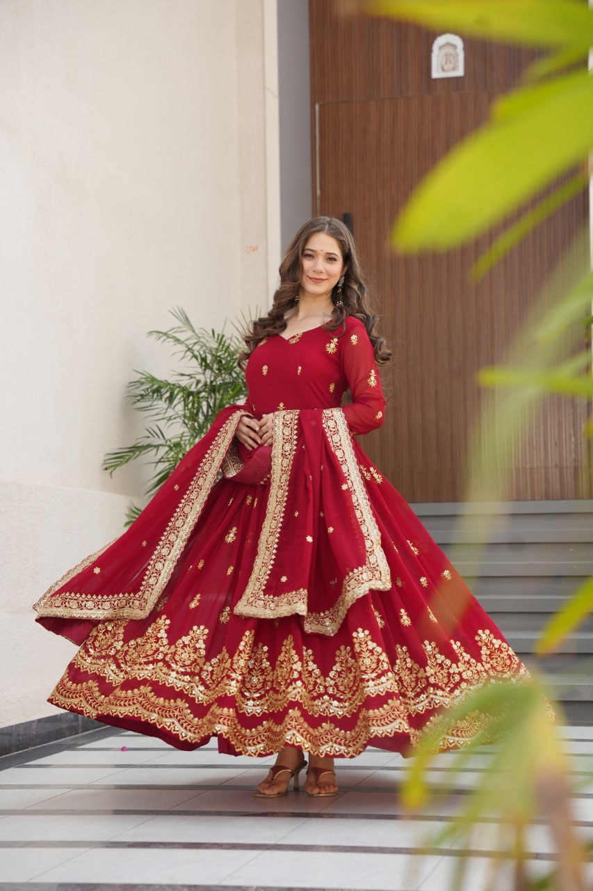 Maroon Luxury Faux Blooming Zari & Sequins Embroidered Designer Gown with Matching Dupatta – Stitched Premium Ensemble ClothsVilla